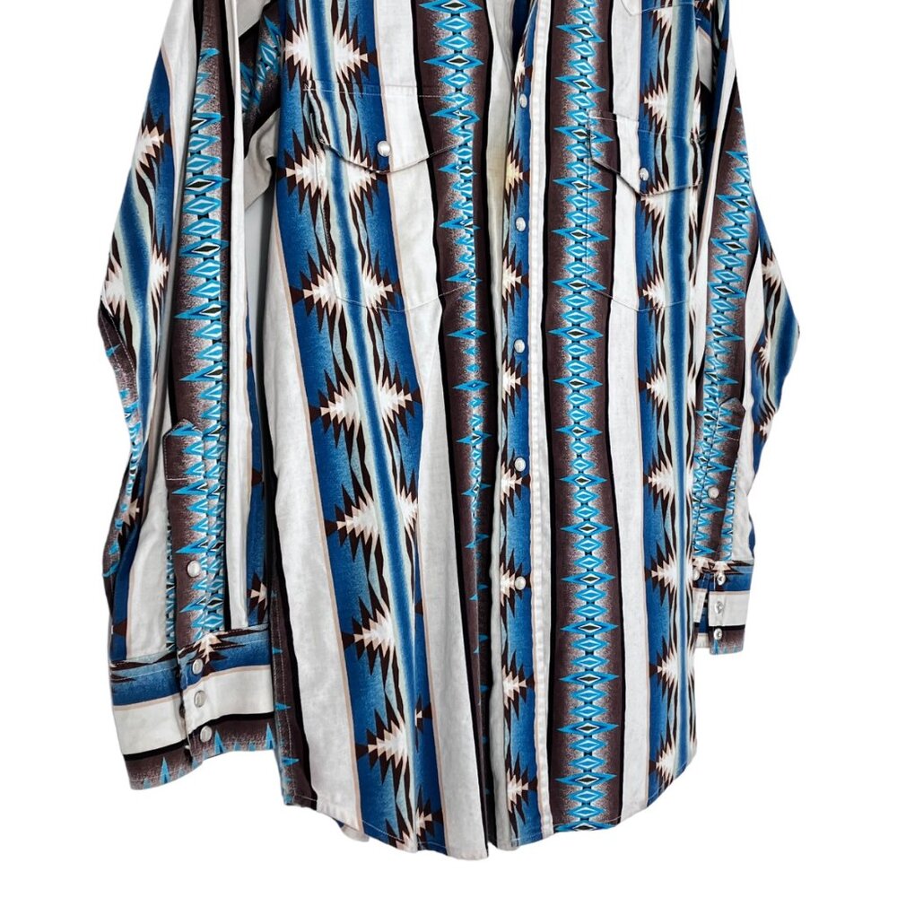 Vtg Panhandle Slim Western Pearl Snap Shirt Mens M Tan Brown Blue Aztec Print - Picture 4 of 12